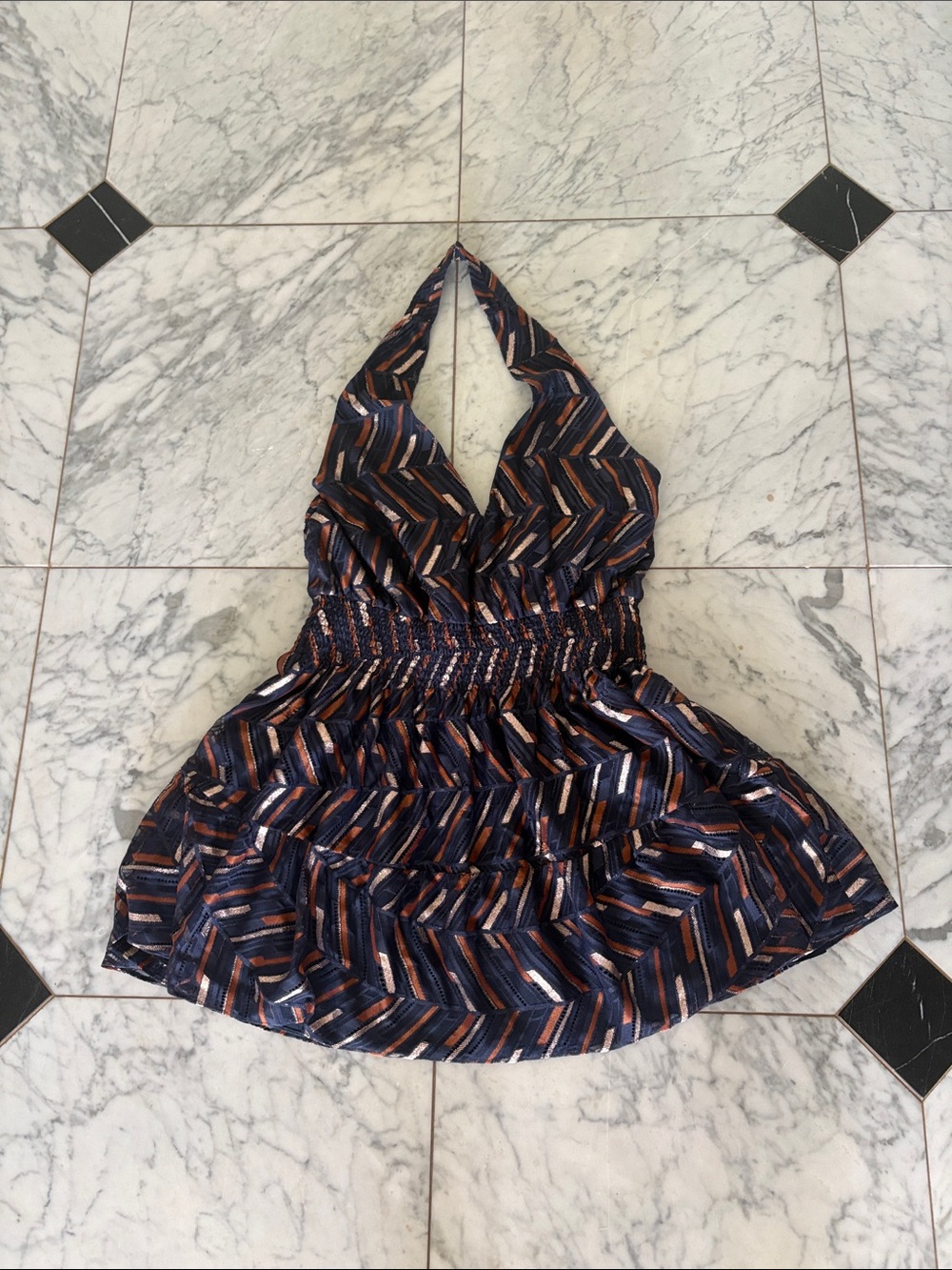 Ramy Brook Navy & Gold Halter Mini Dress Excellent Condition L/XL
